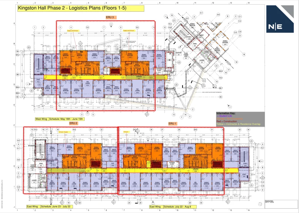 Kingston Hall Phase 2 logistics plan showing wing-by-wing phasing