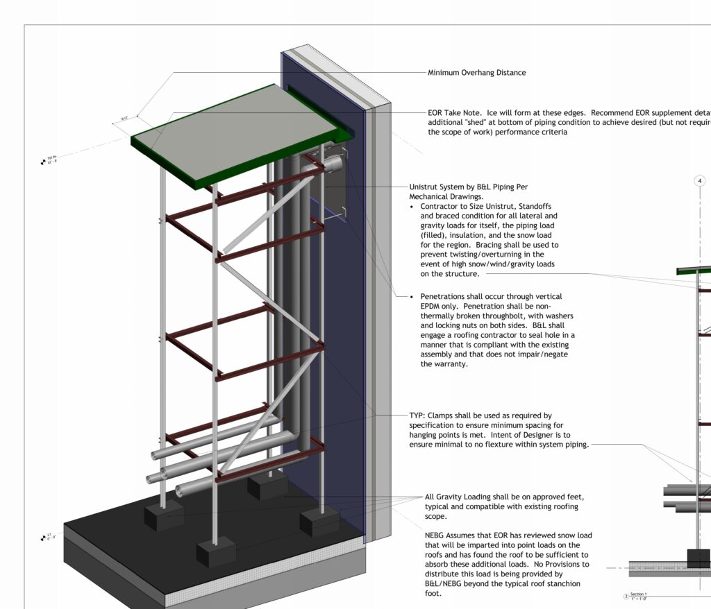 NEBG shop drawing of the rooftop pipe supports at SNHU Paul LeBlanc Hall